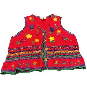 Vintage Orvis Sweater Vest Womens XL Red Floral Knit Embroidered Button Up